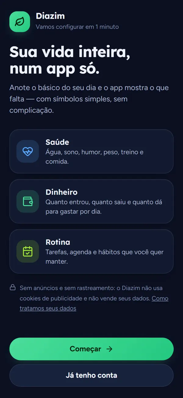 Tela de boas-vindas do Diazim, app de saúde e rotina